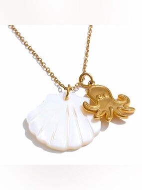 Gold Octopus & White Shell Charm Necklace beach boho necklace